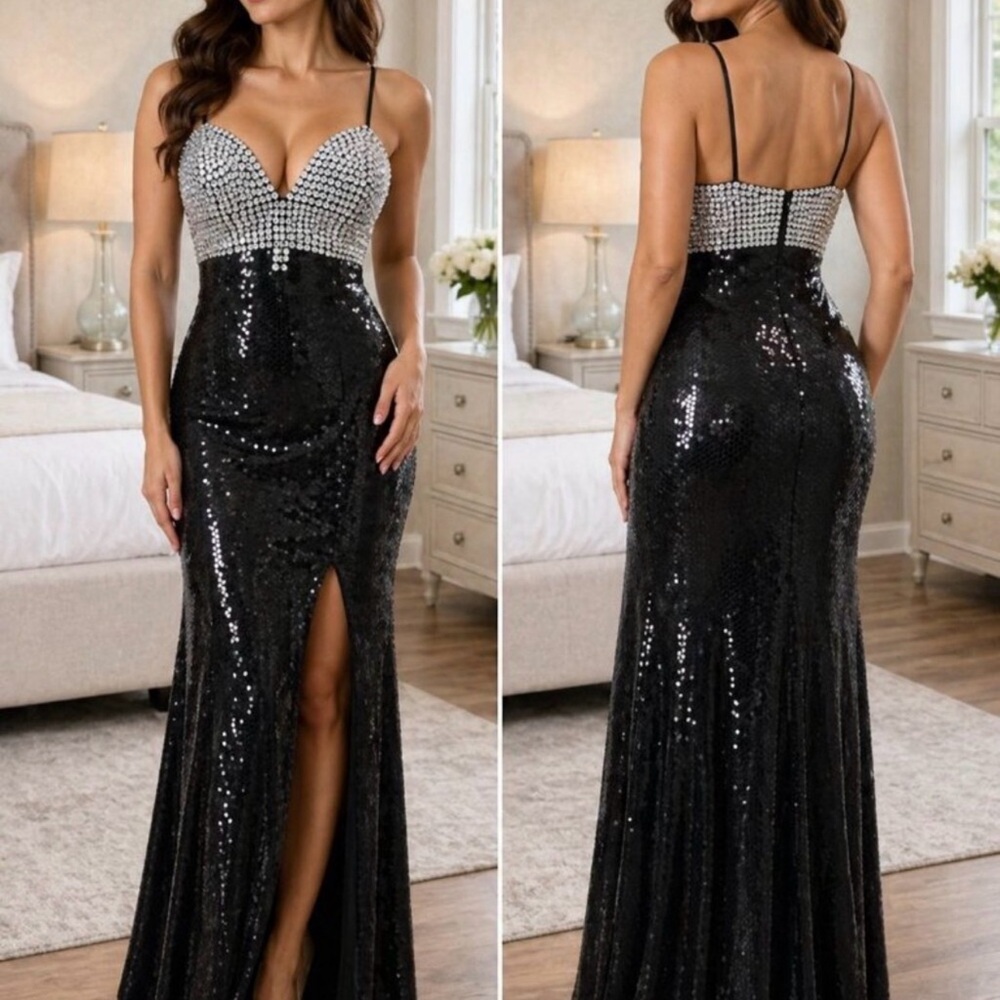 Jovani Black Sequin Silver Stone Formal Gown